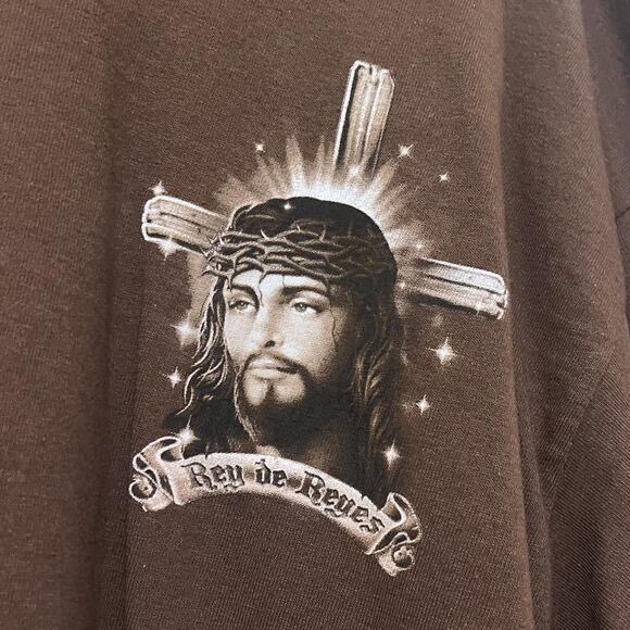 Vintage 90s Jesus Crown Of Thorns Graphic T Shirt Size 2XL Brown Religious Cross - Picture 5 of 9